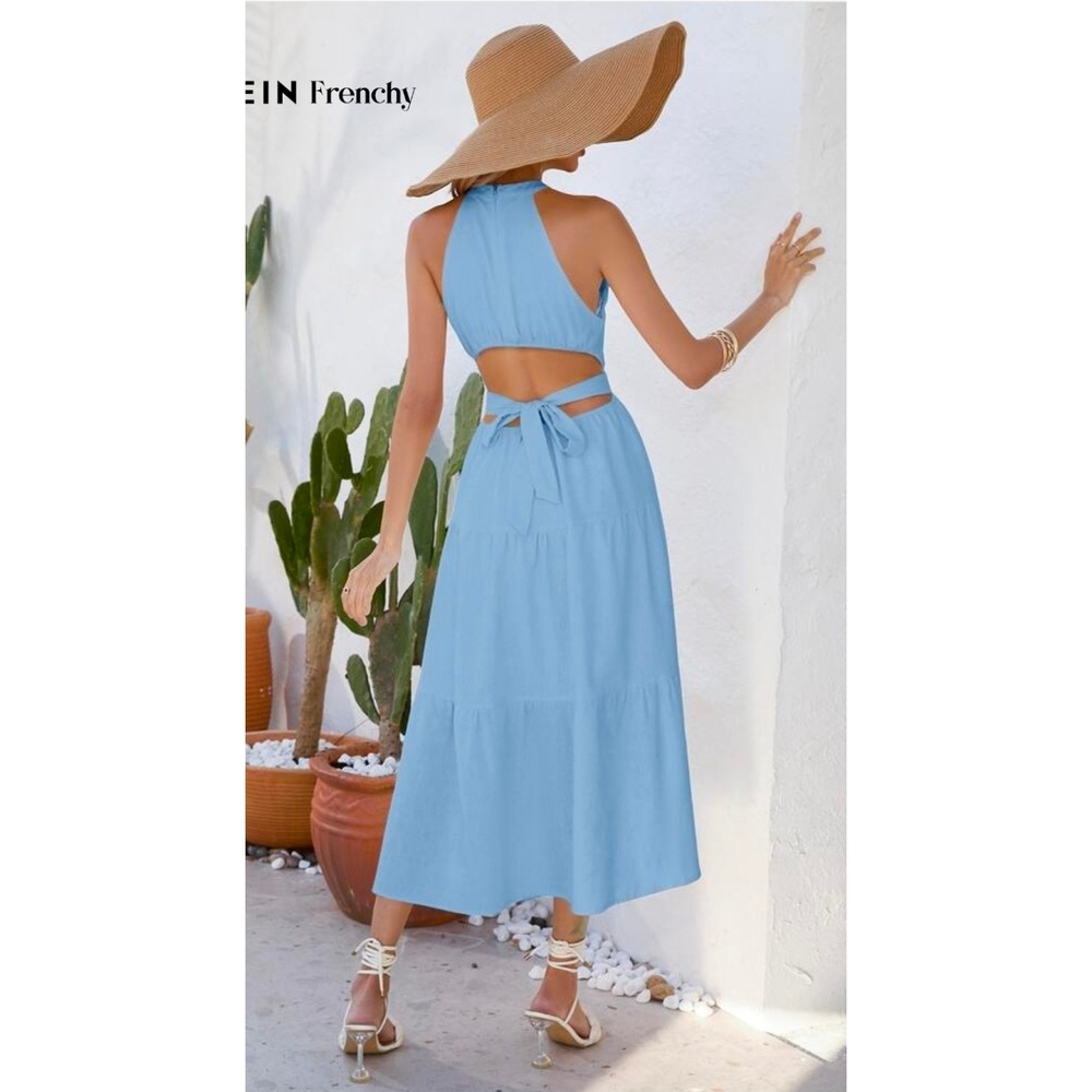 SHEIN Frenchy Light Blue Halter Open Back Tiered Maxi Dress Large